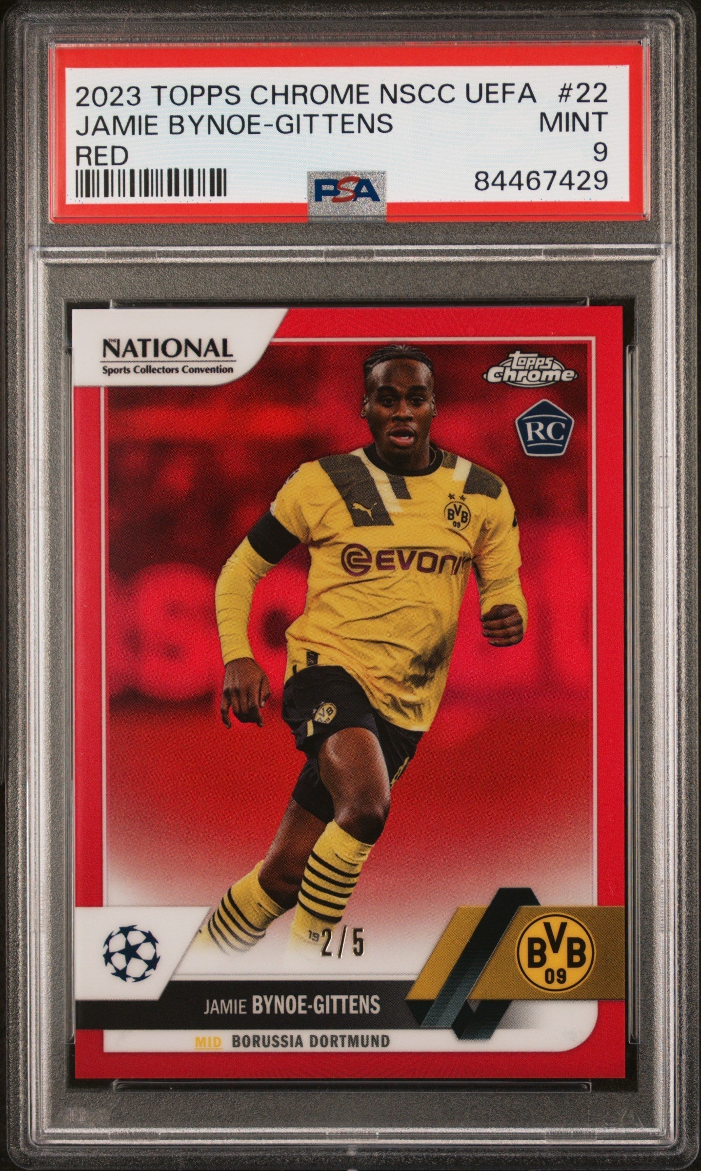 Best Deal - Topps Jamie Bynoe-Gittens Red Refractor /5 Chrome NSCC UEFA 2023 #22 PSA9