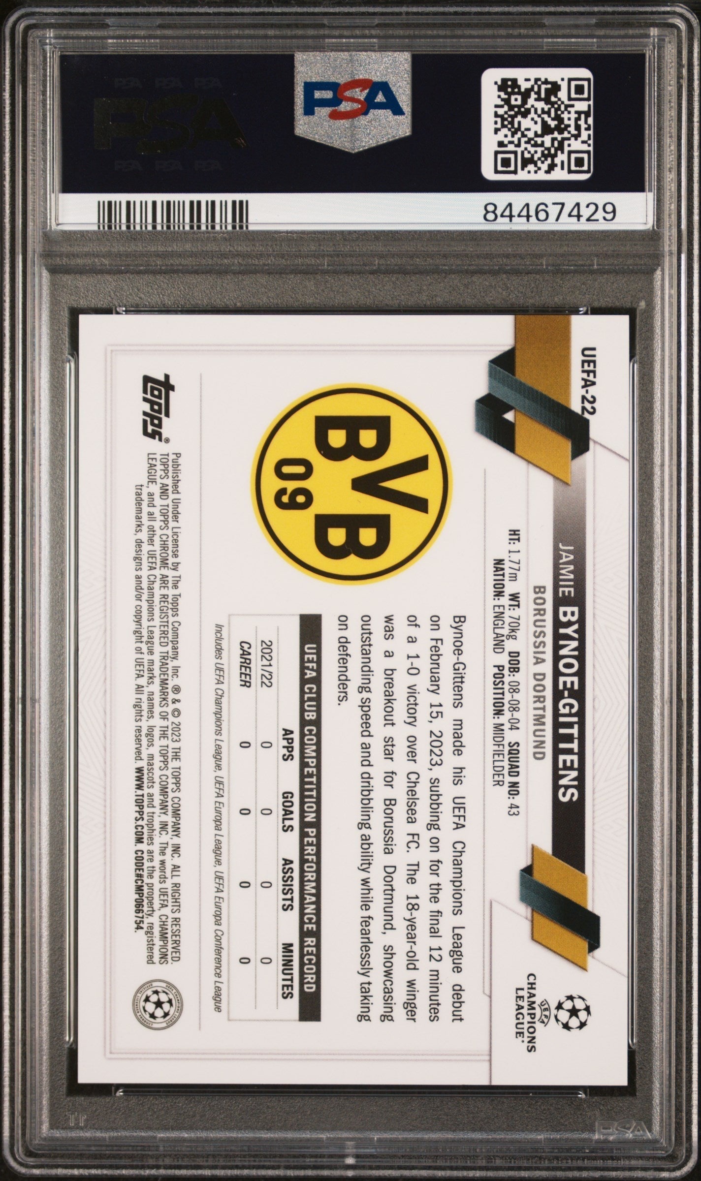 Best Deal - Topps Jamie Bynoe-Gittens Red Refractor /5 Chrome NSCC UEFA 2023 #22 PSA9